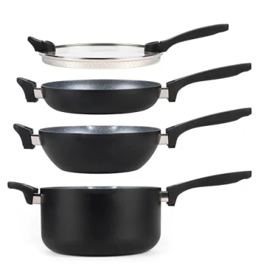 Image de Russell Hobbs RH01840 4 Pièces Batterie de Cuisine Antiadhésifs, Design Empilables Peu Encombrant, 24cm, Comprise Casserole Wok Poêle à Frire et un Couvercle, Compatibles Induction, Facile Nettoyer