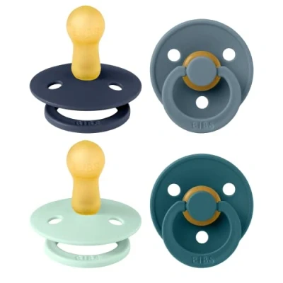 Image de Tétine BIBS Colour. Lot de 4 sucettes. Sans bisphénol A, Téterelle ronde. Latex caoutchouc naturel, Fabriqué au Danemark. Taille 2 (Lot 2), Baby Boy Colours