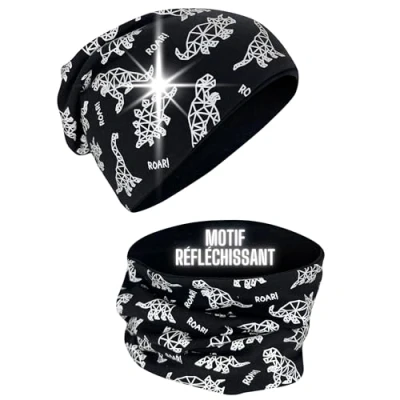 Image de HECKBO 360 Réflecteur Ensemble Bonnet &amp; Écharpe Enfant Flamant Rose Plumes avec Cercles Réfléchissants 2 8 Ans 95% Coton