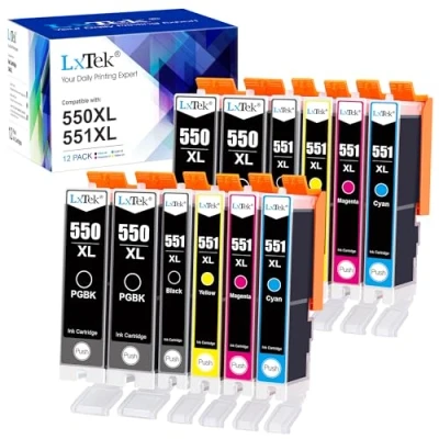 Image de LxTek Compatible Cartouches d&#039;encre Remplacement pour Canon 550 551 PGI 550XL Pixma MX925 iP7200 iP7250 MG5650 MG7550 MG6350 MG6650 MX725 MX920 (PGI Noir CLI Cyan Magenta Jaune, 12 Pack)