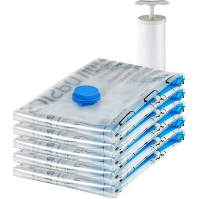 Image de Amazon Basics housses de rangement sous vide avec pompe manuelle, Fermeture éclair, 5 pièces, Taille L, Blanc, Bleu