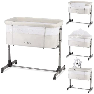 Image de Momi REVO, lit bébé Multifonction, avec Hauteur réglable en 6 Positions de 72 à 82 cm, roulettes, Matelas Inclus, Sangles Fixation, moustiquaire et Barre Jouets