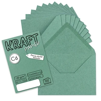 Image de NEUSER papier Lot de 50 enveloppes à lettres En kraft vintage Format C6 Rabat pointu collage humide Sans fenêtre d’adresse 11,4 x 16,2 cm Vert eucalyptus