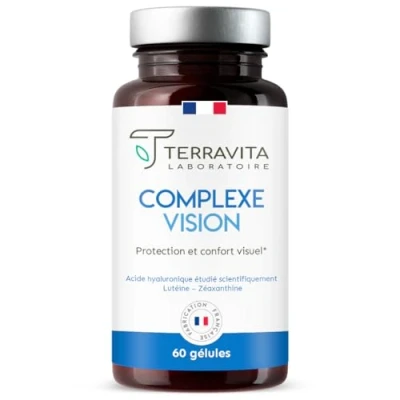 Image de COMPLEXE VISION Complément Alimentaire Yeux Secs et Fatigués Acide Hyaluronique Breveté, Lutéine, Zéaxanthine, Myrtille, Vitamines Zinc Bisglycinate 60 Gélules Made in France Terravita