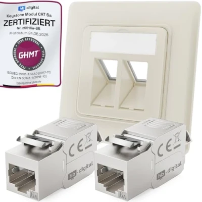 Image de hb digital Prise réseau CAT 6a encastrée 2 ports RAL9010 blanc pur + modules Keystone RJ45 LAN Ethernet femelle encastrable pour 5e 6 500 MHz 10 Gbit/s STP
