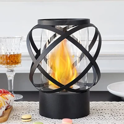 Image de JHY Design Réchaud de Table Rond avec Foyer en Verre à Quatre côtés Cheminée Portable 24 cm Hauteur sans fumée au bioéthanol Combustion Propre pour Les fêtes extérieur