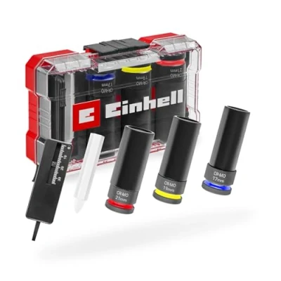 Image de Original Einhell Impact set de 5 douilles (3x 80 mm, acier CrMo, douille plastique, jauge profondeur profil, craie à pneu, M CASE, pour jantes en alliage léger)
