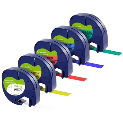 Image de Lot de 5 Rubans Blanc/Bleu/Jaune/Rouge/Vert pour étiqueteuse compatible Dymo LetraTag LT 100H/LT 100T/2000/XM/XR/QX50 Étiquette plastique Recharge 91201 91202 91203 91204 91205 12mm x 4m Phonillico®