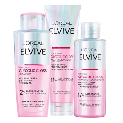 Image de L&#039;Oréal Paris Elvive Glycolic Gloss Routine Capillaire Elseve à L&#039;Acide Glycolique Shampooing pour Cheveux Poreux et Ternes 200ml + Après shampoing 150ml Soin Lamination 5 Minutes 3 Flacons
