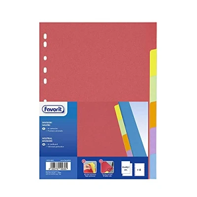 Image de Favorit 100204883 Séparateurs à perçage universel pour classeurs anneaux avec 6 encoches neutres colorées personnalisables, format intérieur A4, en carton de 225 g/m²