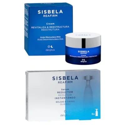Image de Pack 2 Crème visage revitalise et restructure 50 ml avec acide ribonucléique RNA tous types de peaux + Sérum Réducteur Instantané poches cernes Sisbela Reafirm. Boîte 5 unités (10