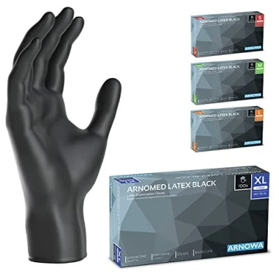 Image de ARNOMED gants jetables en latex à usage unique XL, noir, non poudrés 100 p./boîte, noir jetable, jetable unique, disponibles tailles S, M, L &amp; XL