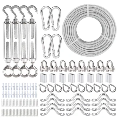 Image de hannger kit de suspension pour guirlande lumineuse, 60m Câble en acier enduit PVC avec tendeur M5 et crochets fil fer 5mm polyvalent lumineuse