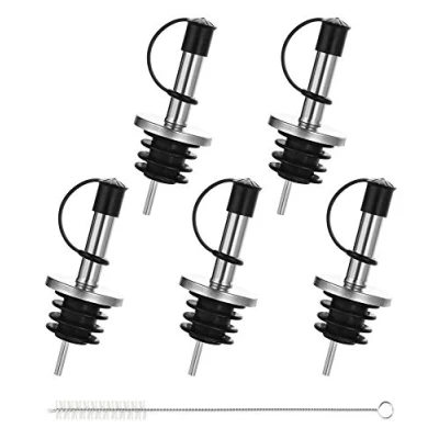 Image de Incutex 5x becs verseurs pour bouteilles et 1x brosse de nettoyage, bec verseur avec fermeture en capuchon caoutchouc, bouchon d&#039;huile, spiritueux, vin, liqueur, vinaigre