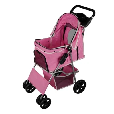 Image de Poussette Rose pour Chien Chat Animaux de Compagnie Jusqu&#039;à 15KG Pliable Acier Robuste Compacte Panier &amp; Porte Gobelet Roues Tout Terrain [Mousqueton Sécurité Housse Pluie INCLUS]