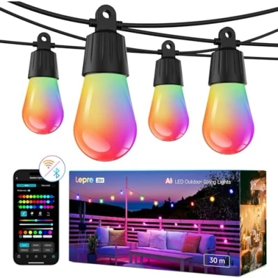Image de Lepro ZB1 IA Guirlande Lumineuse Extérieur Intelligente 30 Mètres, Contrôle Vocal, Music Sync, Compatible avec Alexa et Google Assistant, Assistant Concepteur d&#039;éclairage IA, Multicouleurs RGBCCT