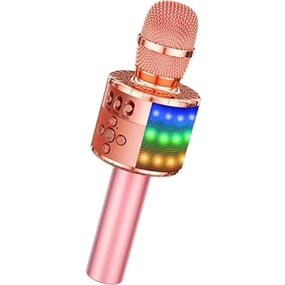 Image de BONAOK Microphone sans Fil, Karaoké Enfant Bluetooth Lecteur Enregistreur Portable, Lumières LED Coloré de Fête Familial pour Appareil Intelligent Android/iOS Rose