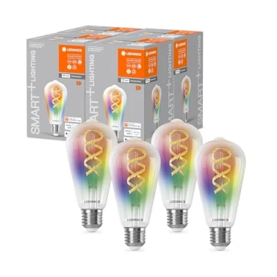 Image de LEDVANCE Ampoule LED SMART WIFI, transparente, 4,8 W,470 lm,forme Edison diamètre, 64 mm, E27,multi couleurs et lumière blanche dimmable, commande par application ou vocale Paquete de 4