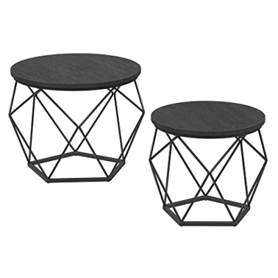 Image de VASAGLE Table Basse Ronde, Lot de 2, d’Appoint, Bout Canapé, Style Moderne, Plateau Amovible, Cadre en Acier, pour Salon, Noir LET040B22