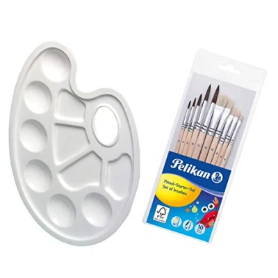 Image de Herlitz Palette de mélange en plastique avec trou préhension, 23,5 x 17 cm, blanche (palette + kit 10 pinceaux)
