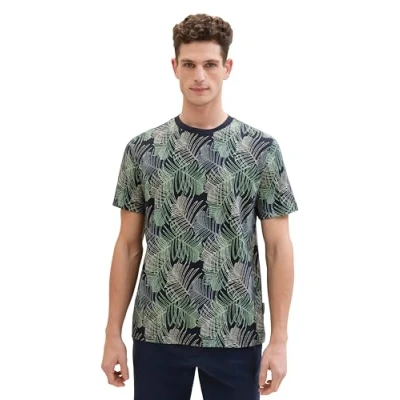 Image de TOM Tailor MIT Allover Tshirt imprimé, Homme, Taille: Large, Navy multicolor leaf design