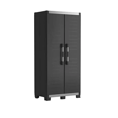 Image de Keter Armoire Haute XL Garage en Résine Multifonctions Étagères et Pieds Ajustables, Poignée Soft Touch Charnières Metallique Cuisine, Garage, Atelier 89 x 54 188 cm Noir