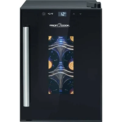 Image de Cave à vin ProfiCook® pour 6 bouteilles, avec porte vitrée résistante aux UV, refroidisseur éclairage LED et 3 niveaux de stockage dont 2 amovibles, plage : 11 18C, 17L PC WK 1230
