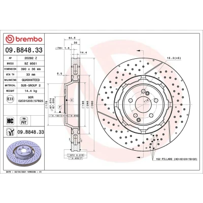 Image de BREMBO 09.B848.33 disque de frein 390 36 5 ventilé l&#039;intérieur, fendu/perforé, en deux parties revêtu à haute teneur carbone