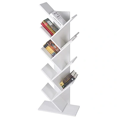 Image de ML DESIGN Bibliothèque de Rangement, Étagère à 8 Niveaux en Forme d&#039;Arbre, Bois, 50x25x140 cm, Blanc, Robuste et Résistant aux Rayures, Sol d&#039;Angle, Murale, pour le Salon, Bureau