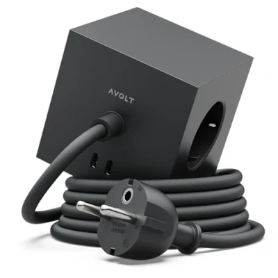 Image de Avolt Multiprise Cube USB C Les Premières Multiprises Design au Monde 3 Prises électriques et 2 Ports Pied Magnétique Adhérant Presque Partout (Noir, 1.8m)