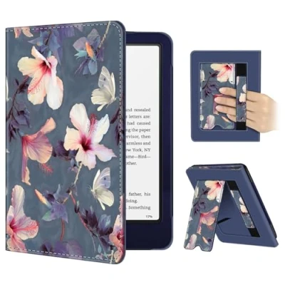 Image de FINTIE Étui pour 7&quot; Kindle Paperwhite 2024 (12e Génération) et Colorsoft Signature Edition (1re Génération), Coque avec Béquille, Compartiment Cartes Dragonne, Fleur Hibiscus