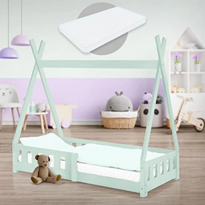 Image de ML Design Lit Enfant Tipi 70x140 cm Menthe avec Matelas à Mousse Froide Polyester, Housse Amovible, Sommier Lattes, Anti Chute, Style Indien en Bois de Pin Massif, Protection Contre Les Chutes