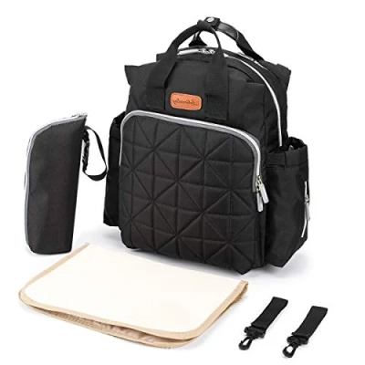 Image de SONARIN Élégant imperméable Sac à Dos Langer Bébé étanche avec Matelas langer,sangle de poussette,Sac Couches,Interface USB,Grande Capacité(Noir)