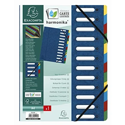 Image de Exacompta Réf. 55122E 1 trieur HARMONIKA avec élastiques et fenêtres découpées couverture en carte lustrée dos extensible 12 compartiments pour A4 dim 24,5 x 32 cm couleur bleu