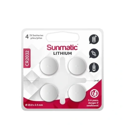 Image de Piles CR2032 Lot de 4 Sunmatic Bouton Lithium CR 2032 3V Haute Performance Dispositifs Portables et médicaux, lumières, Porte clés, balances