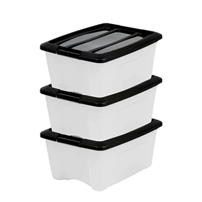 Image de Iris Ohyama, Boite Rangement Plastique avec Couvercle, 15L, Lot de 3, Noir, Clips Fermeture, Poignée,Empilable, Organisation Solide &amp; Durable, pour Chambre, Dressing, Bureau, NTB 15
