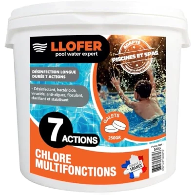 Image de Llofer Chlore Multifonction en Galet de 250g 5kg Total Désinfection Longue Durée 7 Actions: désinfectant, bactéricide, virucide, Anti algues, floculant, clarifiant et stabilisant (5 kg)