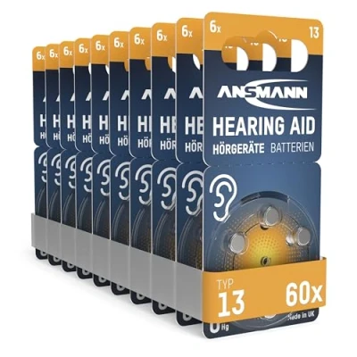 Image de ANSMANN Piles auditives type 13 (lot de 60) bouton pour aides A13 P13 DA13 PR48 13HPX plates appareils auditifs, amplificateurs sonores Orange