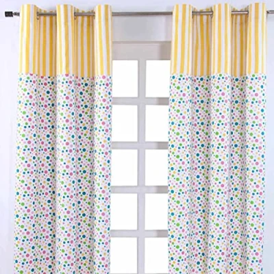 Image de HOMESCAPES Paire de Rideaux à œillets 100% Coton Rayures Jaune et Pois Multicolores Prêt Poser 117 x 137 cm