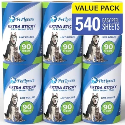Image de PetLovers Rouleau de Charpie Extra Collant Mega Value Set 450 Feuilles pour l&#039;épilation des Animaux Compagnie, Le détartrant Chiens et Chats 6 recharges