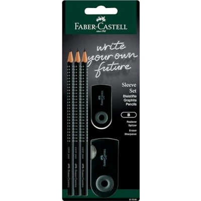 Image de FABER CASTELL Lot de 3 crayons à papier Grip 2001 B, 1 mini gomme, boîte d&#039;affûtage double