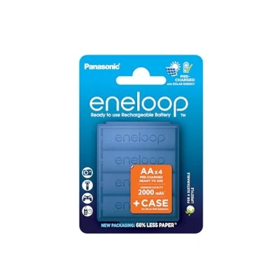 Image de eneloop, Piles Rechargeables AA/Mignon, Lot de 4 avec Case Bleu, capacité Min. 2000 mAh, Ni MH, prêt à l&#039;emploi, jusqu&#039;à Fois, Emballage sans Plastique, Standard, Blanches