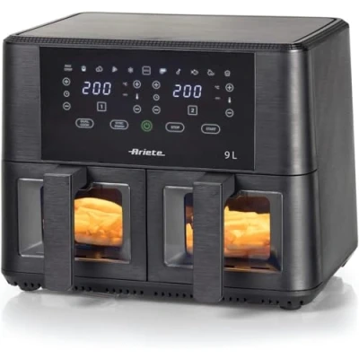 Image de Ariete 4631 Friteuse à air Double 9L, 2400W, Capacité totale 11 programmes, Multifonction, jusqu&#039;à 3,6 kg d&#039;aliments frits, Température 200C, panier, Noir