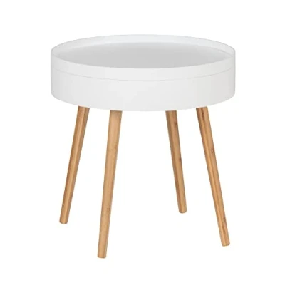 Image de WENKO Table d&#039;appoint Ronde avec tiroir Finja Bout de canapé Rond Chevet Pied en Bois Style scandinave MDF et Bambou 49,5 x 51,5 cm Blanc