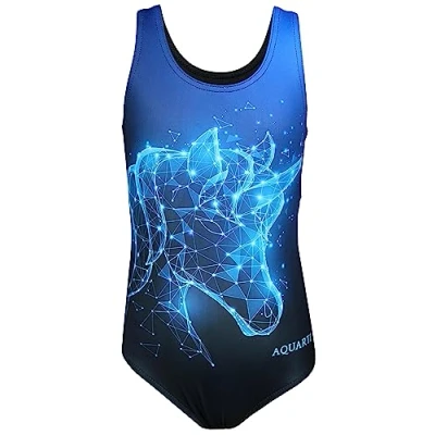 Image de Aquarti Maillot de Bain Fille Natation Une Pièce Imprimé Dauphin, Bleu Licorne/Noir, 140