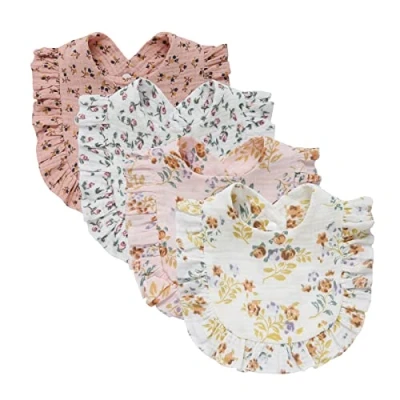 Image de Nishine 4 PACK Ensemble de bavoirs en mousseline solide pour bébés unisexe garçons filles coton ajustable dentition l&#039;alimentation baveuse(Set fleurs)