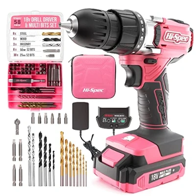 Image de Hi Spec Perceuse Visseuse sans Fil 18V Rose, Multifonction, Batterie Li Ion, 58 Accessoires pour Bois et Métal, Kit Bricolage Complet Entretien Domestique