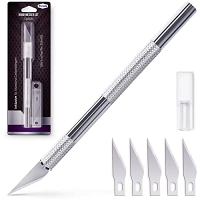 Image de Filzada® Scalpel avec 5 lames de rechange (standard) cutter précision/couteau modelisme en argent pour couper du papier, des modèles, film fenêtre, fondant, tissus, etc.