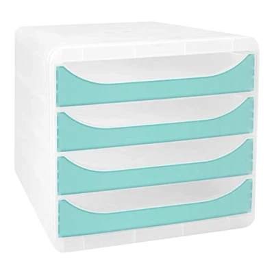 Image de Exacompta Réf. 310336D BIG BOX Chromaline Caisson 4 tiroirs pour format A4+ Dimensions extérieures : profondeur 34,70 x largeur 27,80 hauteur 26,70 cm Cristal/turquoise translucide