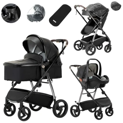 Image de Lnhcrbs Poussette 3 en 1,Poussette Cosy Dispose d&#039;Un Panier De Couchage Élargi 38,5 Cm Pour Les Bébés Âgés 0 4 Ans(22kg),Poussette Compacte Est Équipée Porte Gobelet Et Habillage Pluie
